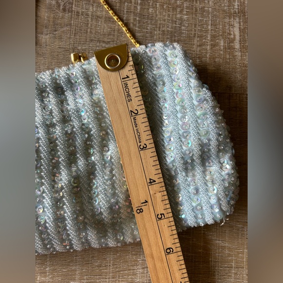 Richere Vintage 50s Beaded Sequin Evening Clutch Purse Delicate Gold Chain Blue - Picture 5 of 9